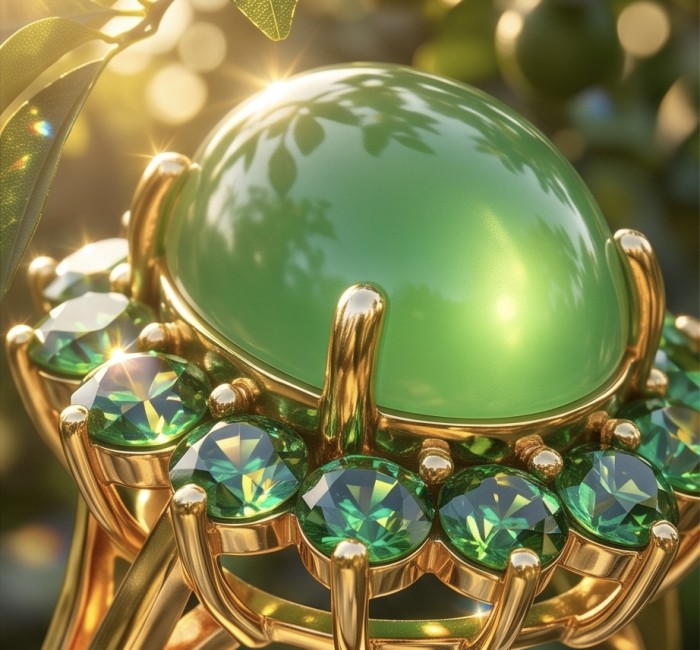 Rare! Fiammetta oval cut 18.2 carat Green Tourmaline Tsavorite Garnet .925 Sterling Silver dipped in 22k Gold entirely handmade Ring size 7 - Close-up of green tourmaline and tsavorite jewelry in sunlight.