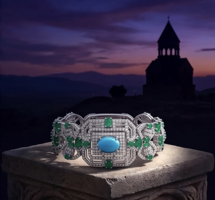 Art Deco - Pacifica - 98.4 carat Turquoise Emerald .925 Sterling Silver handmade Statement Bracelet - Art Deco bracelet with turquoise and emeralds, front view against sunset.