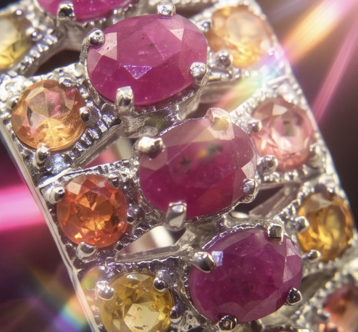 Giovanna - 8.5 carat Ruby Orange Sapphire .925 Sterling Silver handcrafted incredible earrings - Close-up of Giovanna Ruby and Orange Sapphire Sterling Ring