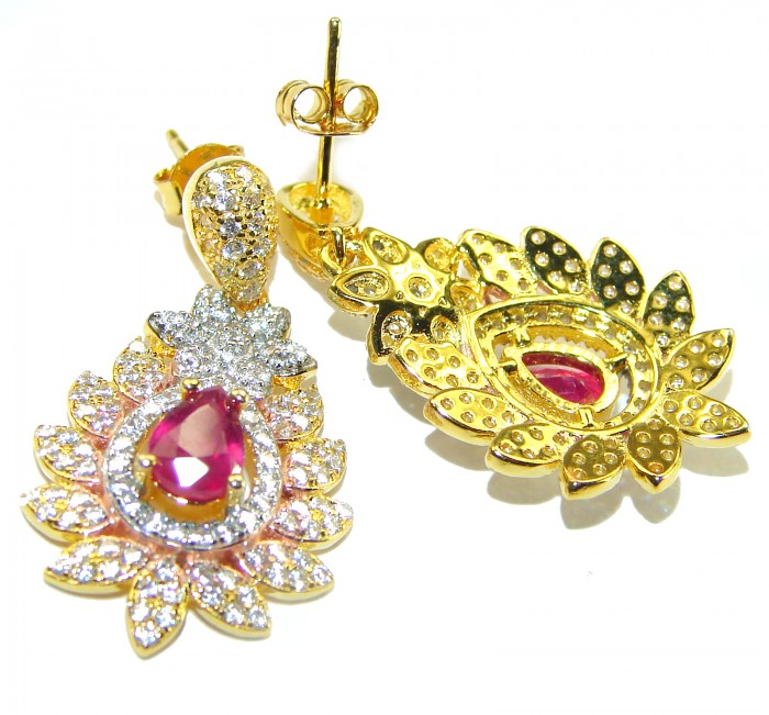Bella Rosa authentic 3.2 carat Ruby White Sapphire 18K Gold over .925 Sterling Silver handcrafted Statement earrings - photo 2