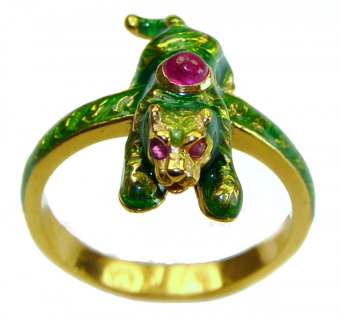 Green Panther 0.5 carat Ruby Enamel 18K Gold over .925 Sterling Silver handcrafted Ring s. 8 1/4 - photo 3