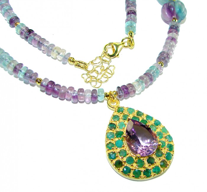 33.2 grams Rare Unusual Natural Fluorite 14K Gold over .925 Silver handcrafted NECKLACE - Close-up of fluorite necklace with 14K gold pendant and clasp detail.