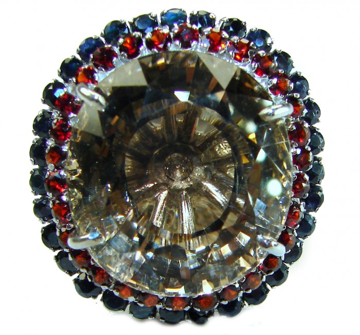 Celestial Energy 40.5 carat Champagne Smoky Topaz .925 Sterling Silver Oversized Ring size 7 1/4 - Stone close-up of Celestial Energy 40.5 ct Champagne Smoky Topaz ring