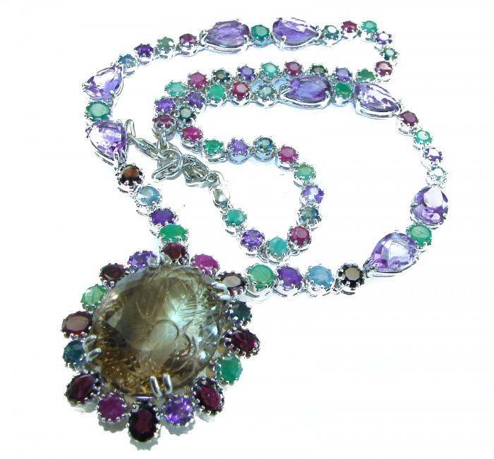 Outstanding carved 145.5 carat Smoky Topaz .925 Sterling Silver handcrafted Statement necklace - Colorful gemstone necklace with large Smoky Topaz, overhead view