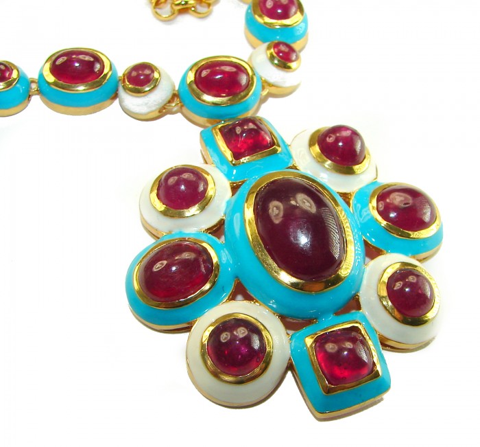 Outstanding - Red Rose - Authentic Kashmir 155.8 carat Ruby Enamel 18K Gold over .925 Sterling Silver handcrafted Station necklace - Close-up of gold-bordered red and turquoise gemstone jewelry.