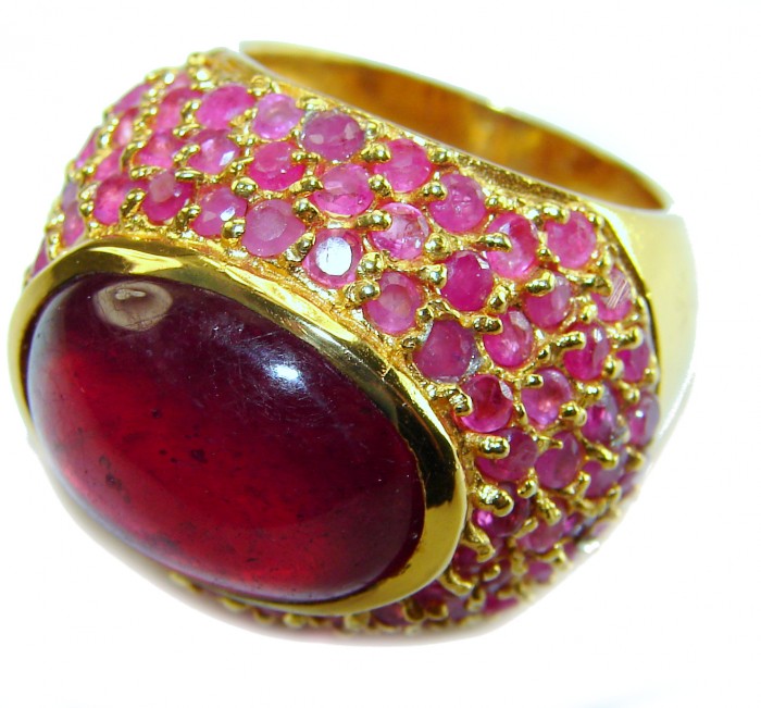 Bella Rosa Genuine 20.5 CARAT Ruby 24K Gold over .925 Sterling Silver Large Statement Ring size 6 - Close-up of ruby ring with pink stones, 24K gold and silver setting.