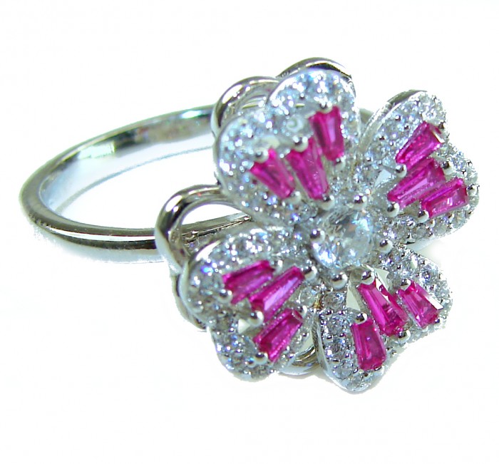 Art Deco - Luxurious Fours Leaves Clover 4.6 carat Ruby .925 Sterling Silver handcrafted Cocktail Ring s. 7 - Art Deco clover ring with rubies and diamonds, angled view.
