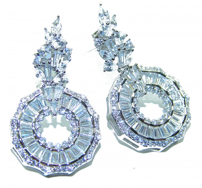 Art Deco - Luxurious natural 12.5 carat White Topaz .925 Sterling Silver Perfectly handcrafted Earrings - Silver and topaz earrings, front view, intricate Art Deco design.
