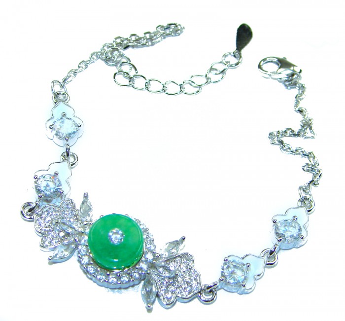Art Deco - 4.8 carat Jade enamel .925 Sterling Silver handmade Statement Bracelet - Art Deco Jade bracelet with clasp and chain detail, sterling silver.
