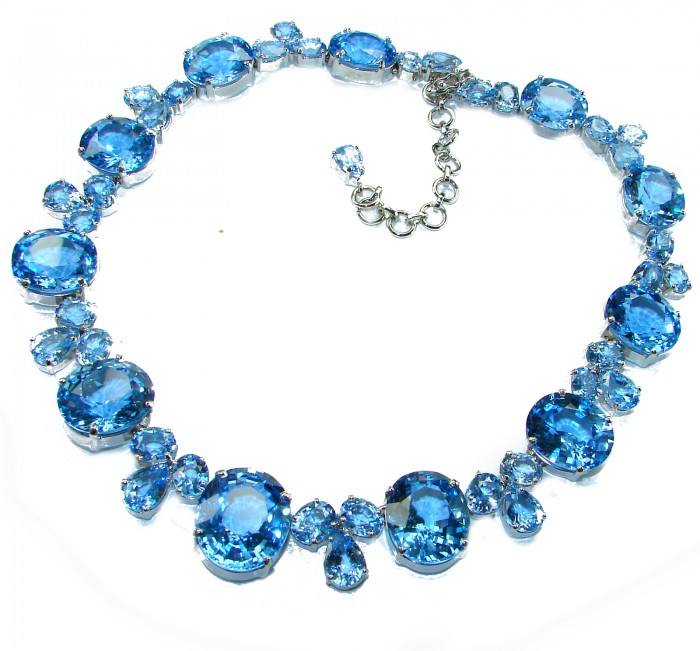 Pure Serenity 225.5 carat genuine Swiss Blue Topaz .925 Sterling Silver handmade Large Statement Necklace; 132.95 grams - Necklace with Swiss Blue Topaz stones and clasp detail.