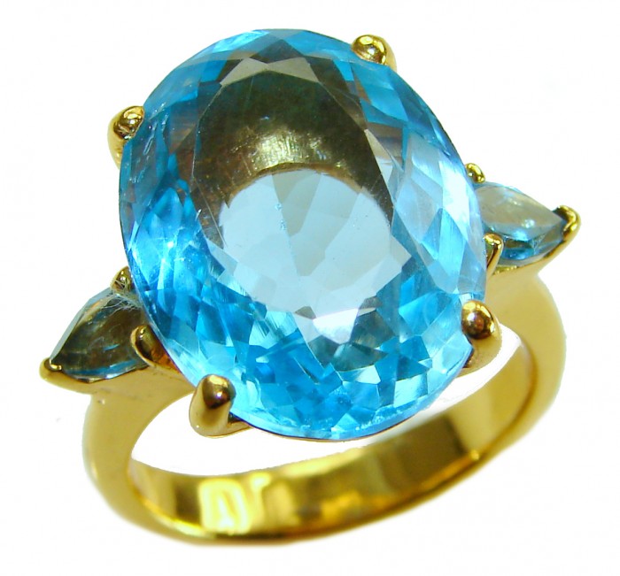 Pacifica - Authentic 17.8 carat Swiss Blue Topaz 22K Gold over .925 Sterling Silver handcrafted Large Statement ring size 8 1/4 - Close-up of Pacifica Swiss Blue Topaz ring in 22K gold, top view.