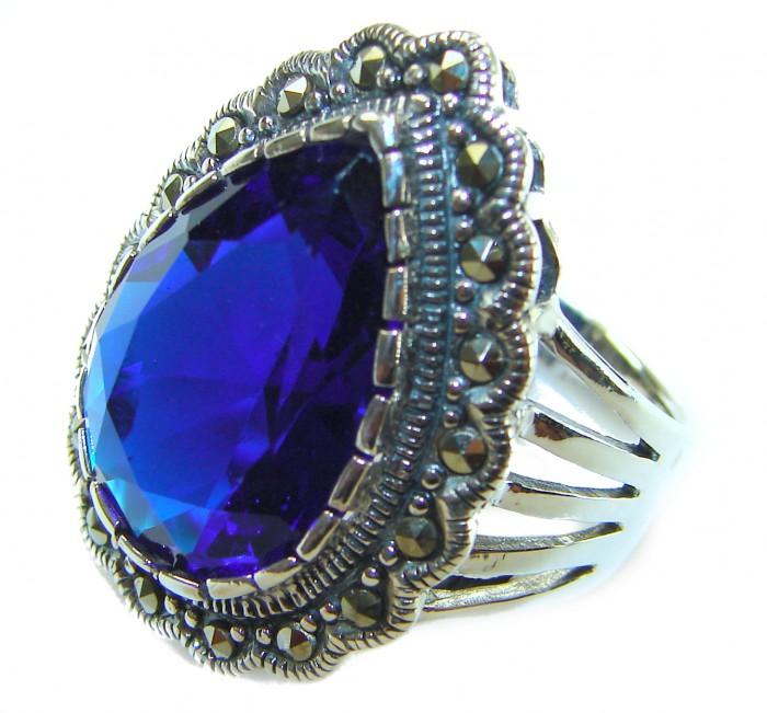 Julietta 12.8 carat London Blue Topaz Marcasite .925 Sterling Silver handmade Statement Ring size 6 - Close-up of Julietta 12.8 carat blue topaz ring with marcasite accents
