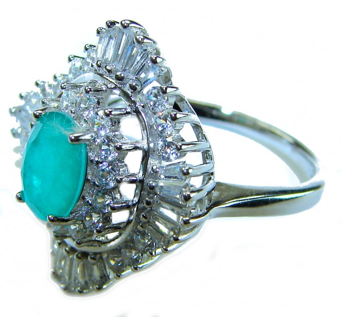 Vintage style - Timless Beauty - 3.5 carat Colombian Emerald 7.1 carat White Topaz .925 Sterling Silver handcrafted Statement Ring size 7 1/4 - Side view of vintage ring with Colombian emerald and diamond accents