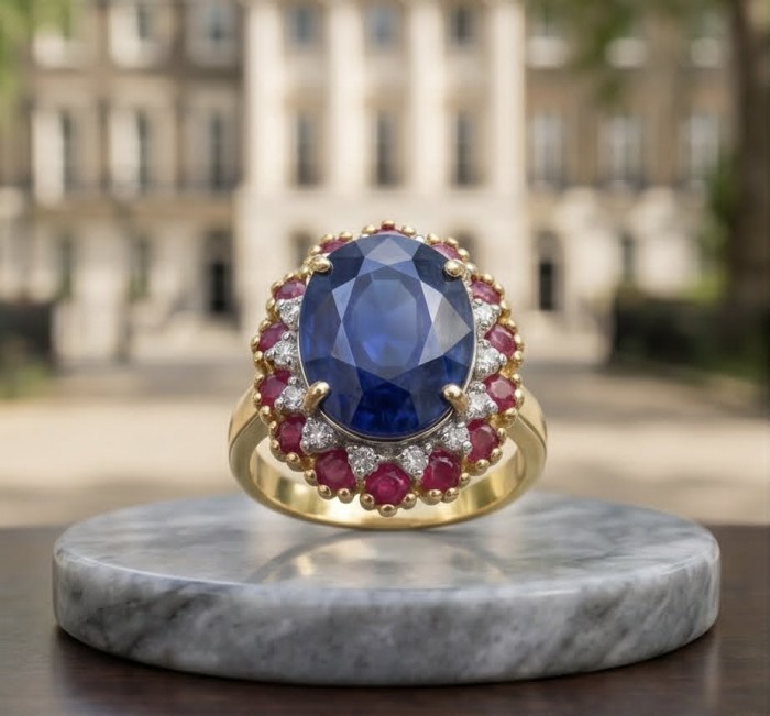 Precious Design oval cut 11.7 CARAT Tanzanite 22K Gold over .925 Sterling Silver Statement Ring s. 7 1/2 - Close-up of oval cut tanzanite ring with ruby and diamond halo.