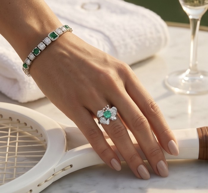 Eau Pure 6.5 carat Paraiba Tourmaline .925 Sterling Silver Handcrafted Ring size 6 1/4 - Hand model wearing Paraiba Tourmaline ring and bracelet with tennis gear