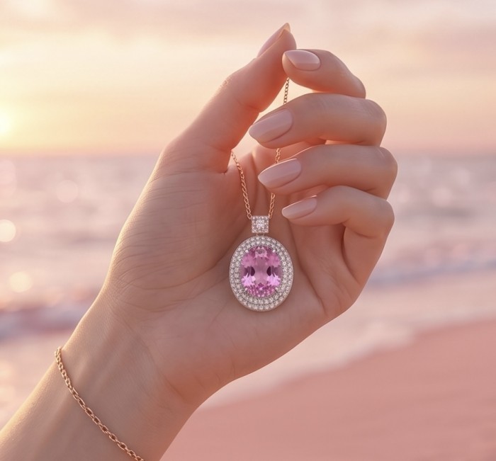 Incredible oval cut 18.8 carat Pink Sapphire .925 Sterling Silver handcrafted pendant - Pink sapphire pendant held with a beach sunset background