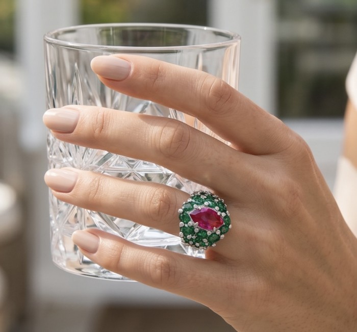 Giovanna 28.6 carat Ruby Emerald .925 Sterling Silver dipped rhodium handmade Huge Statement Ring size 9 1/4 - Ruby and emerald ring worn on hand holding a crystal glass.