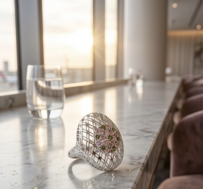 Casablanca Italy made 1.8 carat Tourmaline .925 Sterling Silver brilliantly handcrafted ring s. 7 - Side view of Casablanca ring on marble table with sunlight reflections.