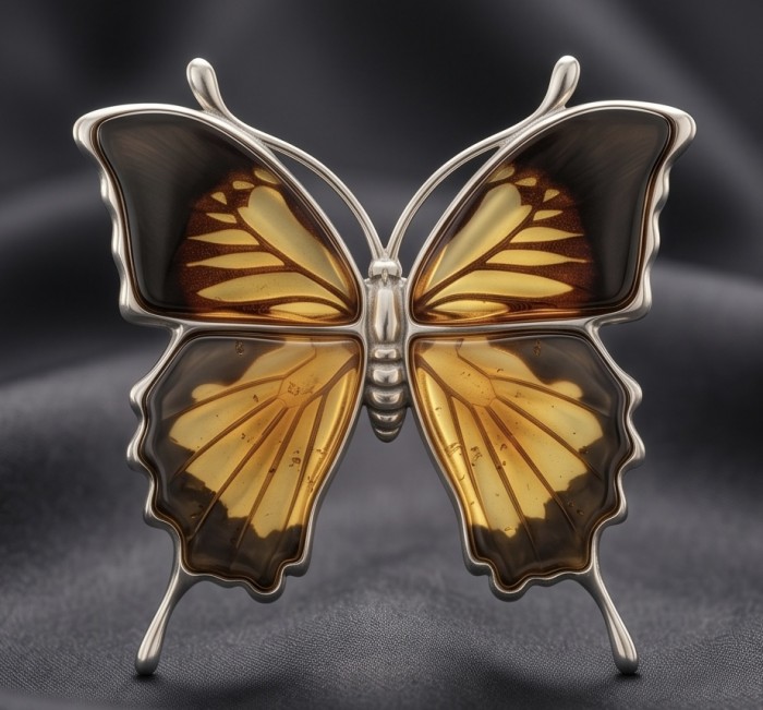 Large Golden Butterfly carved Baltic Polish Amber .925 Sterling Silver handcrafted Pendant - Front view of large golden butterfly amber sterling silver brooch.