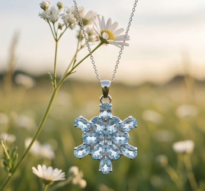 Blue Star 11.4 carat genuine Swiss Blue Topaz .925 Sterling Silver handmade Statement Pendant - Blue Topaz flower pendant, front view, with daisies in background.