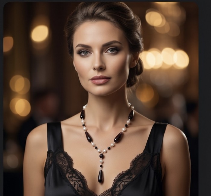 Black and White 26 inches authentic Onyx Pearl .925 Sterling Silver handmade Station Necklace - Necklace worn on model, showcasing onyx and pearl details, frontal view.