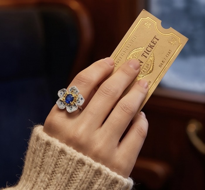 Luxurious exotic Flower 3.7 carat Sapphire Emerald 2 tones .925 Sterling Silver handcrafted Ring size 7 1/4 - Hand wearing luxurious flower ring, holding a golden ticket