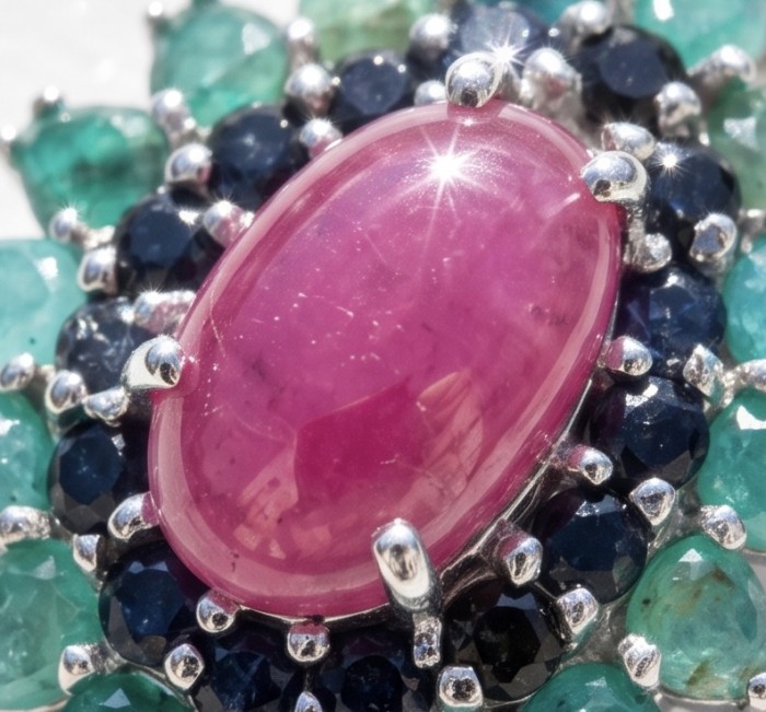 Rose Garden - authentic 25.5 carat Ruby Emerald rhodium over .925 Sterling Silver handcrafted Pendant - Stone close-up of Ruby Emerald rhodium over jewelry piece.