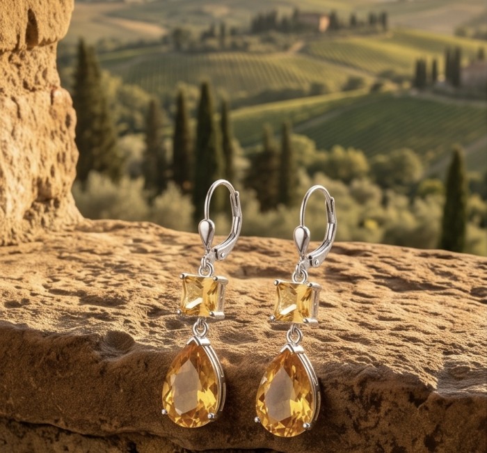 Victoria Authentic 14.5 carat Brazilian Citrine .925 Sterling Silver brilliantly handcrafted Statement earrings - Close-up of Victoria Authentic Brazilian Citrine earrings on stone ledge