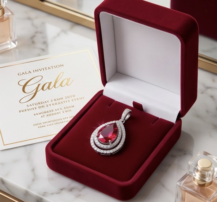 Art deco - Natural 3.8 carat Mozambique Ruby .925 Sterling Silver Handcrafted Pendant - Ruby pendant in velvet box with gala invitation, top view.