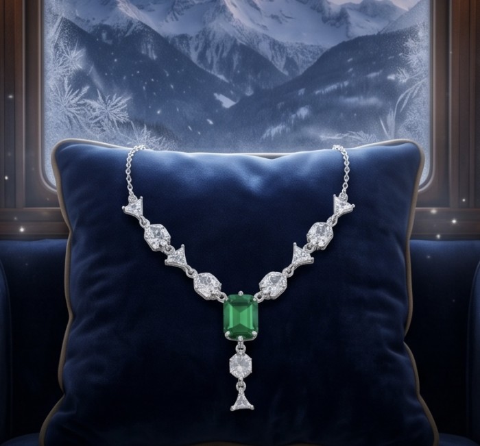 Giovanna- Authentic 7.5 CARAT natural Colombian Emerald .925 Sterling Silver handcrafted necklace - Necklace on cushion with emerald and diamond detail, mountain backdrop.