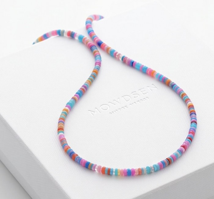 Mystery 11.2 carat Australian Opal .925 Sterling Silver .925 Sterling Silver Statement Necklace - Colorful beaded necklace on display box, top view