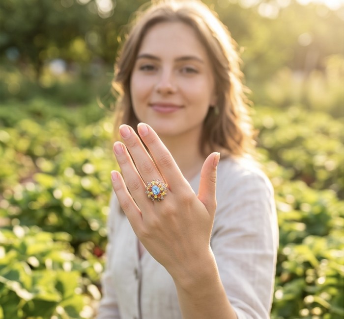 Fiesta 11.8 carat Swiss Blue Topaz .925 Sterling Silver dipped in rhodium handcrafted ring size 7 3/4 - Woman wearing Fiesta Blue Topaz ring, close-up on hand, sunny background.