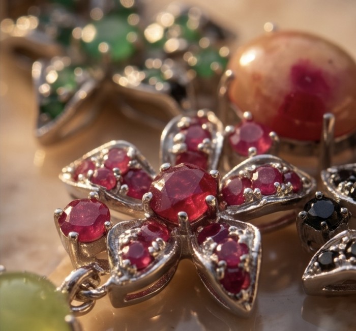 Isabella - Beauty of Nature natural 155.5 carat Ruby Green Tourmaline Rhodium over .925 Sterling Silver handmade Statement necklace - Stone close-up of gemstone flower jewelry with red, green, and black gems.