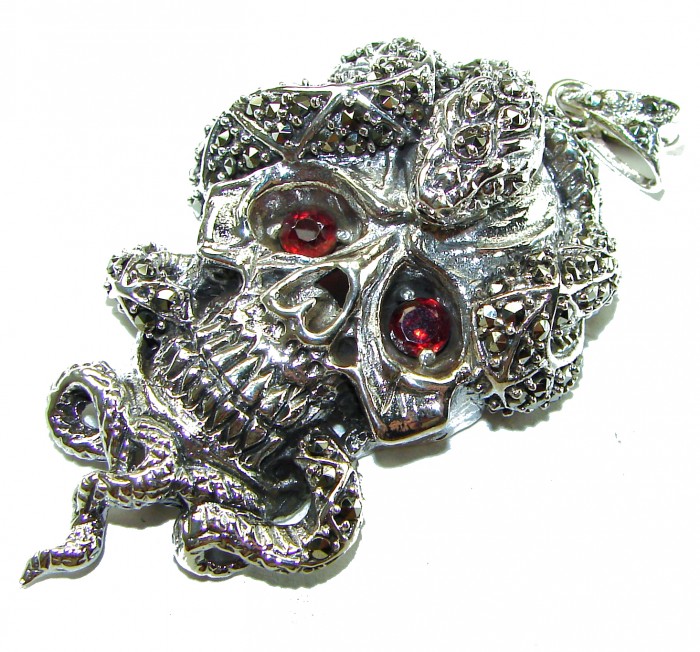 Huge Ghost Rider Authentic 4.8 carat Ruby Marcasite .925 Sterling Silver handcrafted Pendant - photo 4