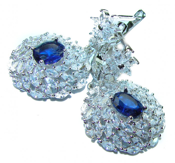 Luxurious 6.5 carat Sapphire White Sapphire .925 Sterling Silver handcrafted Statement earrings - Close-up of luxurious sapphire and white sapphire earrings.