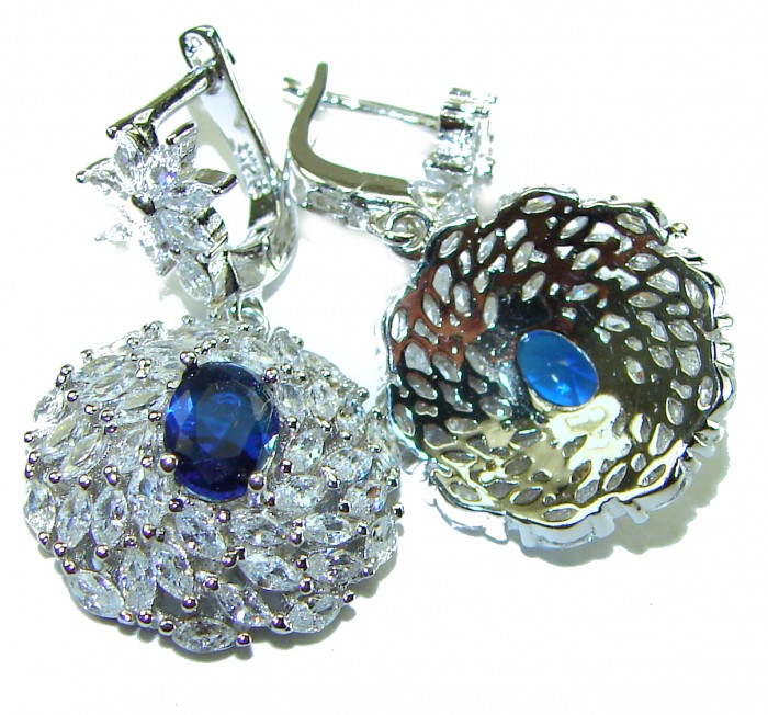 Luxurious 6.5 carat Sapphire White Sapphire .925 Sterling Silver handcrafted Statement earrings - Luxurious sapphire earrings clasp detail and stone close-up