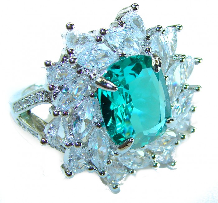 Luxurious 6.5 ctw Colombian Emerald .925 Sterling Silver handcrafted Statement Ring size 7 1/2 - Close-up of luxurious Colombian emerald sterling silver ring.
