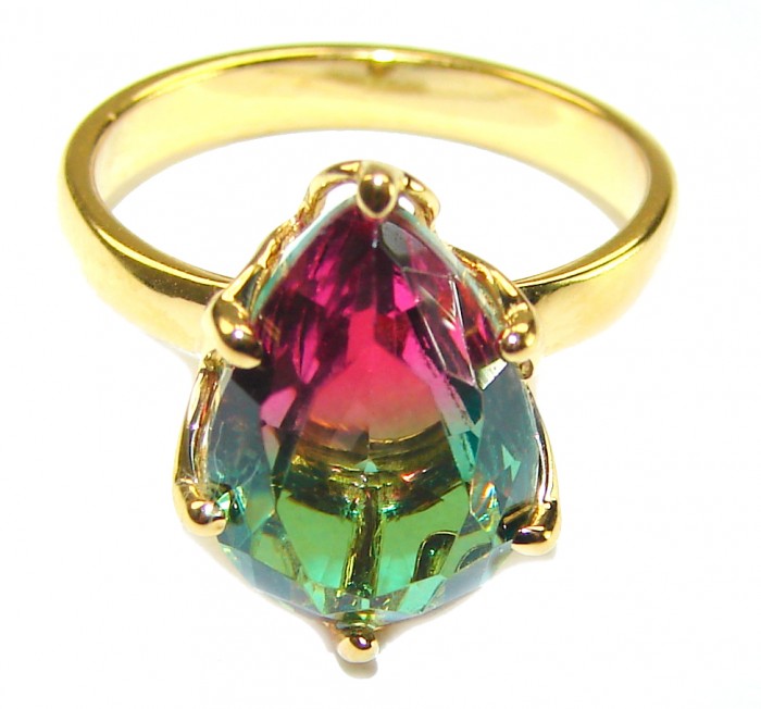 Luxurious authentic 11.2 carat Brazilian Tourmaline 14k Gold over .925 Sterling Silver handcrafted ring s. 7 1/4 - Pear-shaped Brazilian Tourmaline ring, 14k gold, stone close-up view.