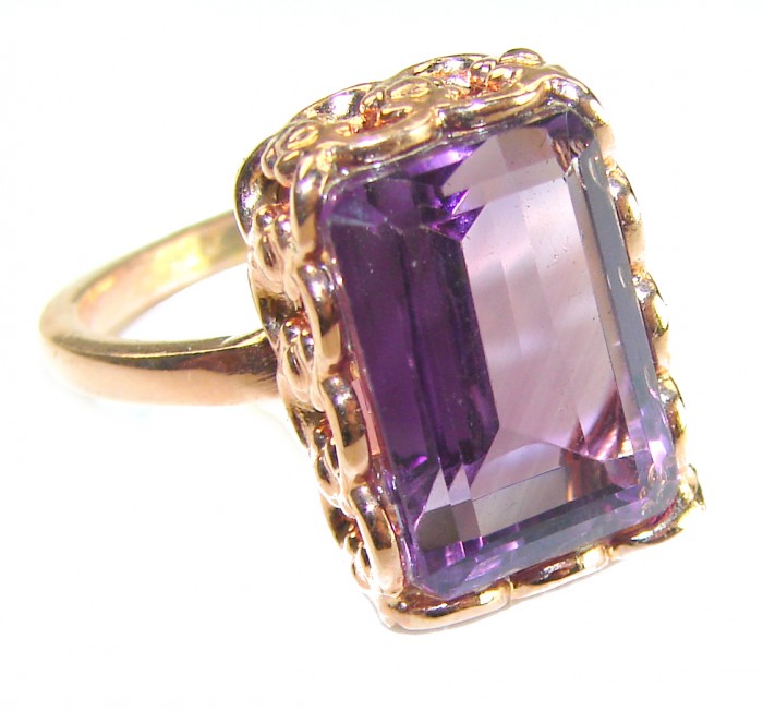 12.2 carat Amethyst 14K Rose Gold over .925 Sterling Silver Handcrafted Ring size 9 1/2 - Amethyst ring close-up, rose gold over sterling silver.