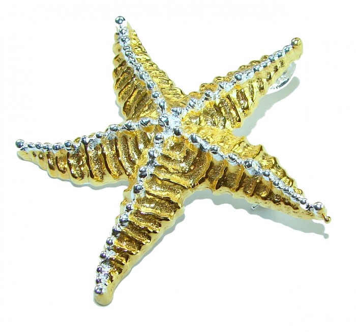 Large Italy made Starfish 18K Gold over .925 Sterling Silver handmade Pendant - Brooch - Gold starfish pendant front view, textured design with silver accents.