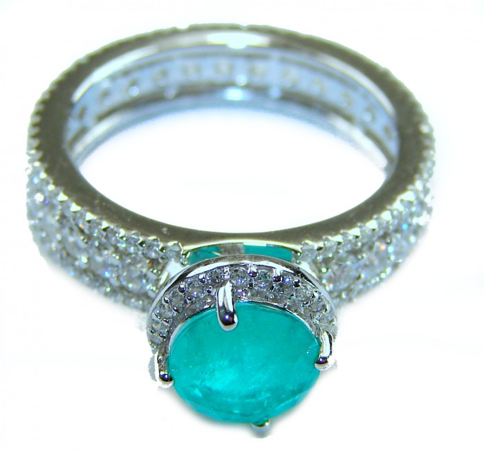 Vintage style - Timless Beauty 6.5 carat Emerald .925 Sterling Silver handcrafted Statement ring size 7 - Side view of vintage style emerald ring with diamond accents