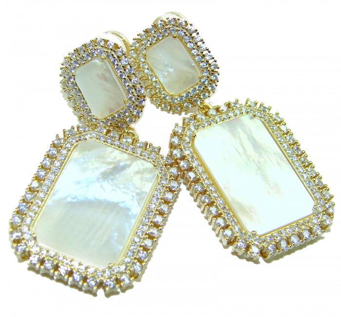 Genuine Blister Pearl lab grown Diamond 18K Gold over .925 Sterling Silver handcrafted Large Statement Earrings - Close-up of blister pearl earrings with diamond accents and gold setting