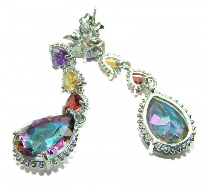 Incredible 14.2 carat Mystic Topaz .925 Sterling Silver handcrafted earrings - Sparkling Mystic Topaz earrings, close-up view of stones and silver setting.