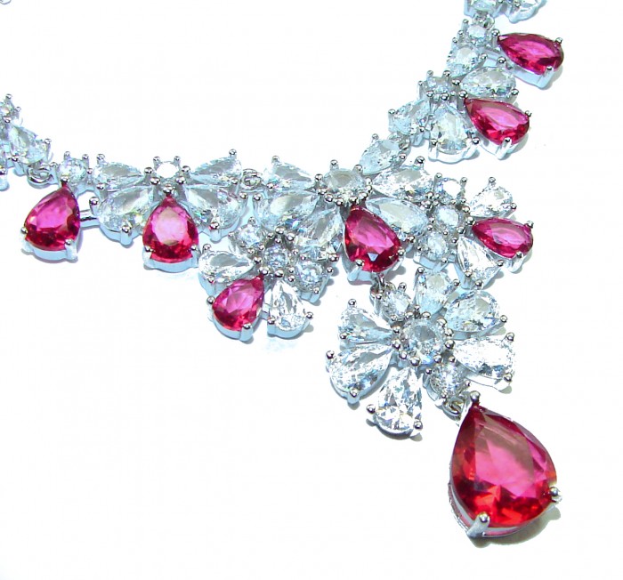 Giovanna - Magnificent Jewel 22.5 carat Ruby .925 Sterling Silver handcrafted incredible Statement necklace - Close-up of ruby and crystal necklace detailing.