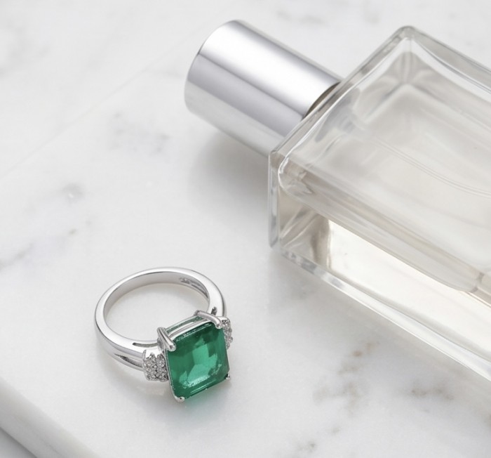 Precious 11.5 carat emerald cut EMERALD .925 Sterling Silver handcrafted ring; s. 8 - Emerald ring side view with perfume bottle on marble surface