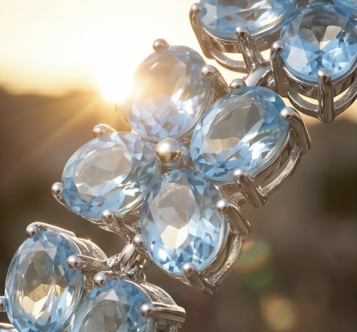 Tiffany - Magnificent 105.5 carat Swiss Blue Topaz .925 Sterling Silver handcrafted Heavy Bracelet - Close-up of Swiss Blue Topaz stones, sunrise background