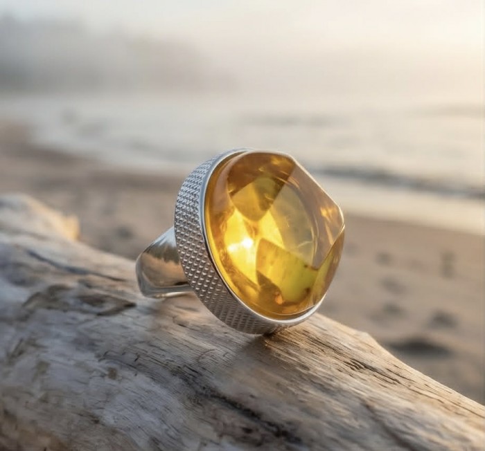 Beauty of the Sea -Modern design Natural faceted Baltic Amber .925 Sterling Silver handcrafted ring; s. 7 adjustable - Close-up of a ring with natural faceted yellow stone on driftwood.