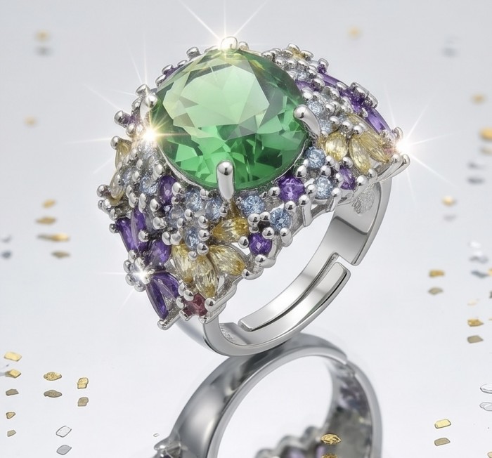 Green Aura 8.4 carat fancy cut Topaz .925 Sterling Silver handcrafted Large ring size 5 adjustable - Close-up of a Green Aura Topaz ring with multicolored gemstones.