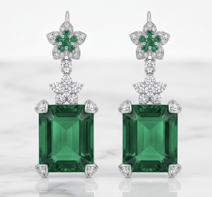 Spectaculat 12.5 carat Tsavorite Garnet .925 Sterling Silver handcrafted earrings - Emerald-cut tsavorite earrings with floral diamond accents, front view.