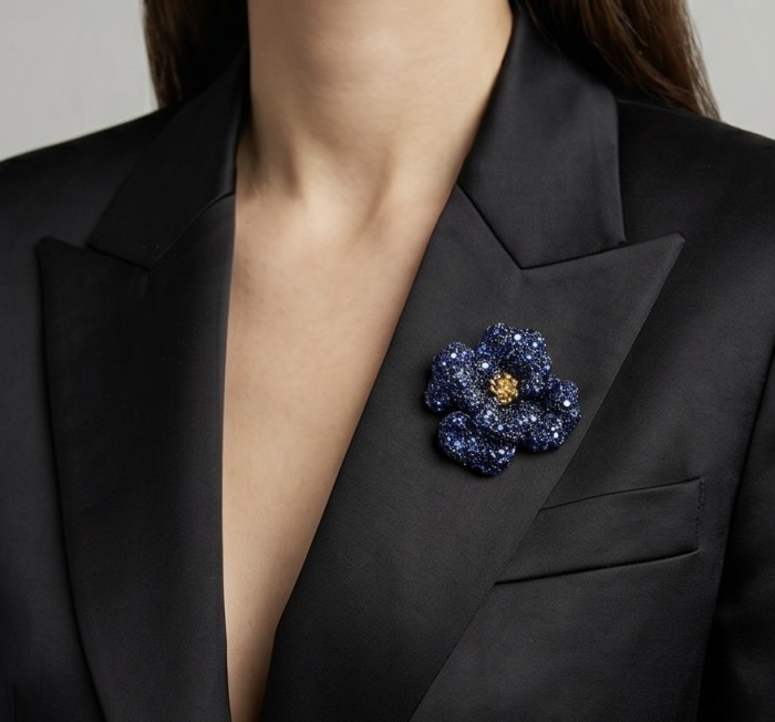 Black Label Collection - Retro Style - Rose Genuine 42.5 carat Sapphire .925 Sterling Silver dipped in black rhodium handmade Pendant - Brooch - Blue rose brooch on black suit, worn on lapel.
